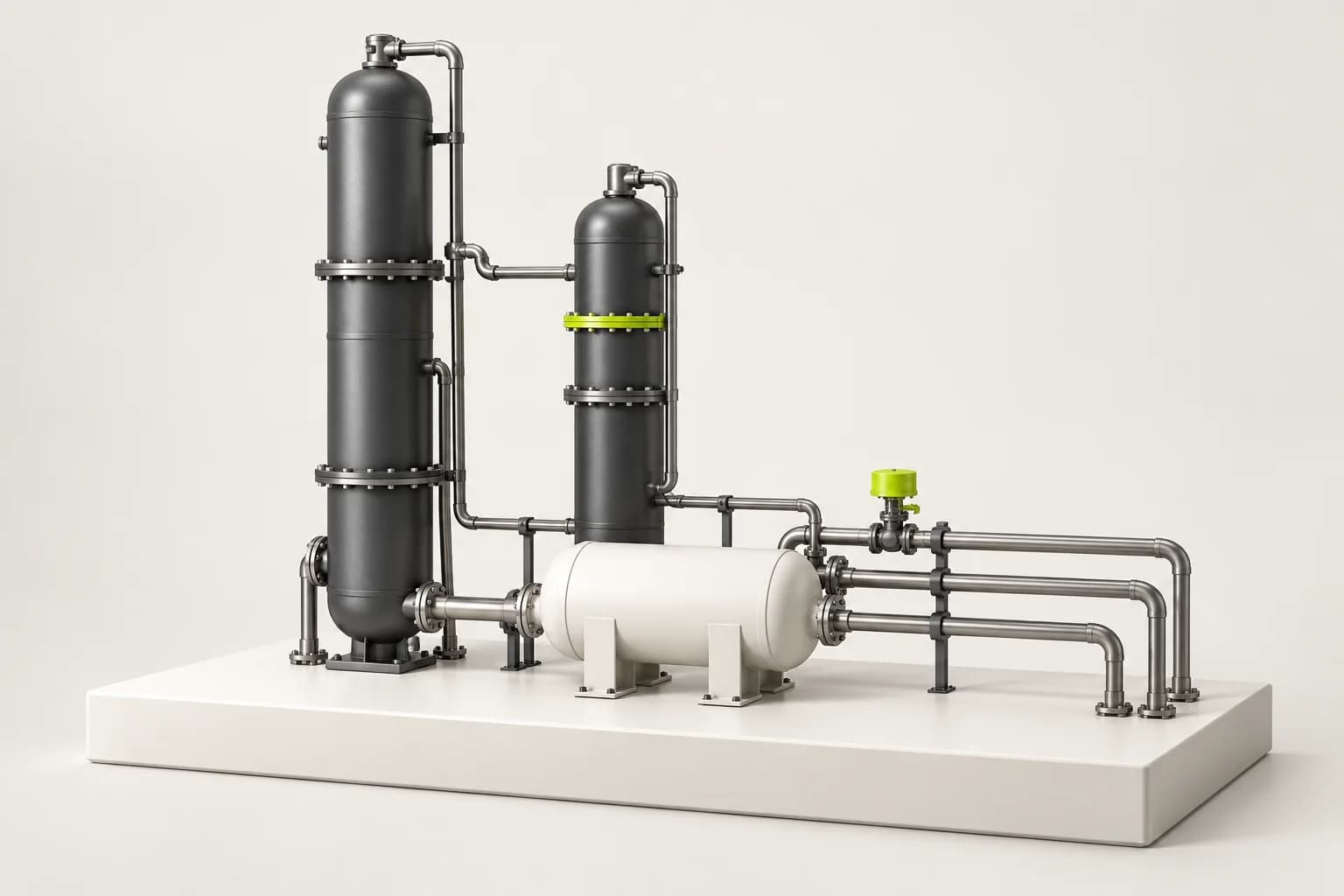 Концептуальный макет газосепарационной установки с двумя вертикальными колоннами, горизонтальным аппаратом и трубопроводами на белом основании.